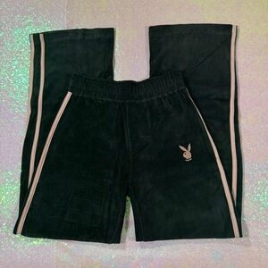 black and pink velour playboy wide leg sweatpants